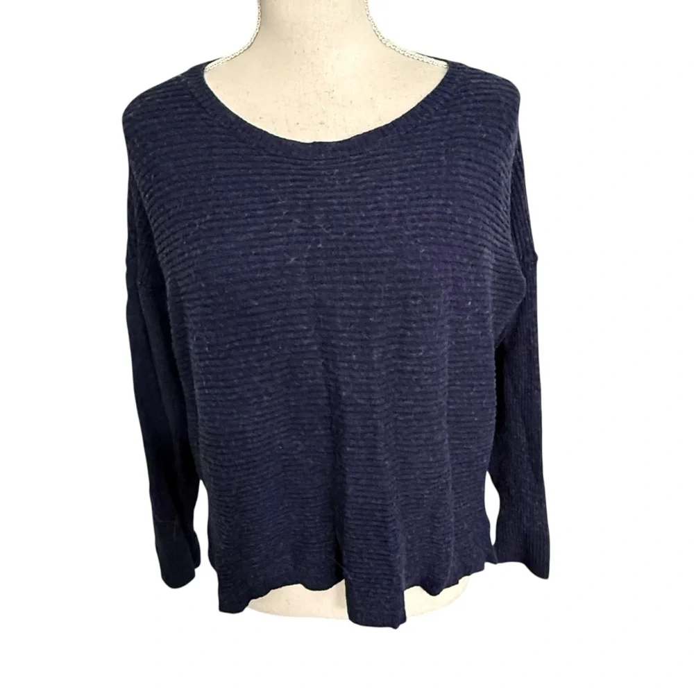 Tahari Navy Blue Textured Knit Button Back Sweater Women 2X Long Sleeve Pullover